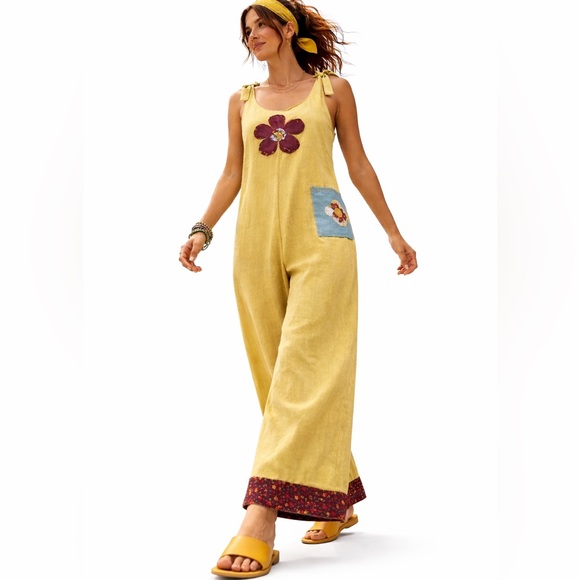 FBC Studio Pants - Boho Mustard Linen Jumpsuit S/M | Handmade Floral Patch Wide Leg Hippie Overall